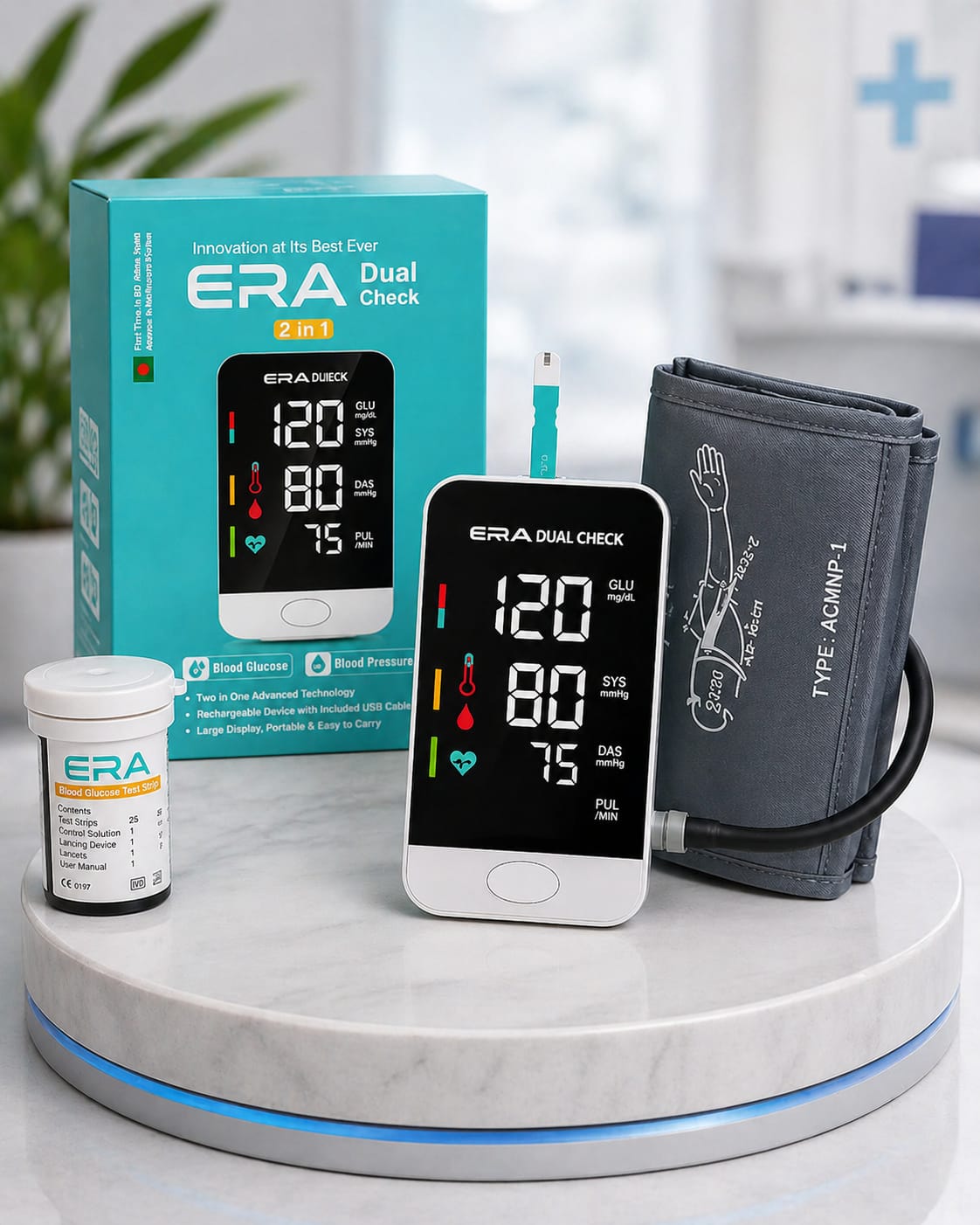 ERA Dual Check 2-in-1 Rechargeable Blood Glucose & Blood Pressure Monitor
